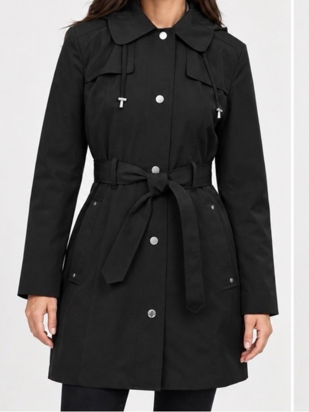 London Fog Zip Front Hooded Trench Coat w Belt Jacket Size L $190